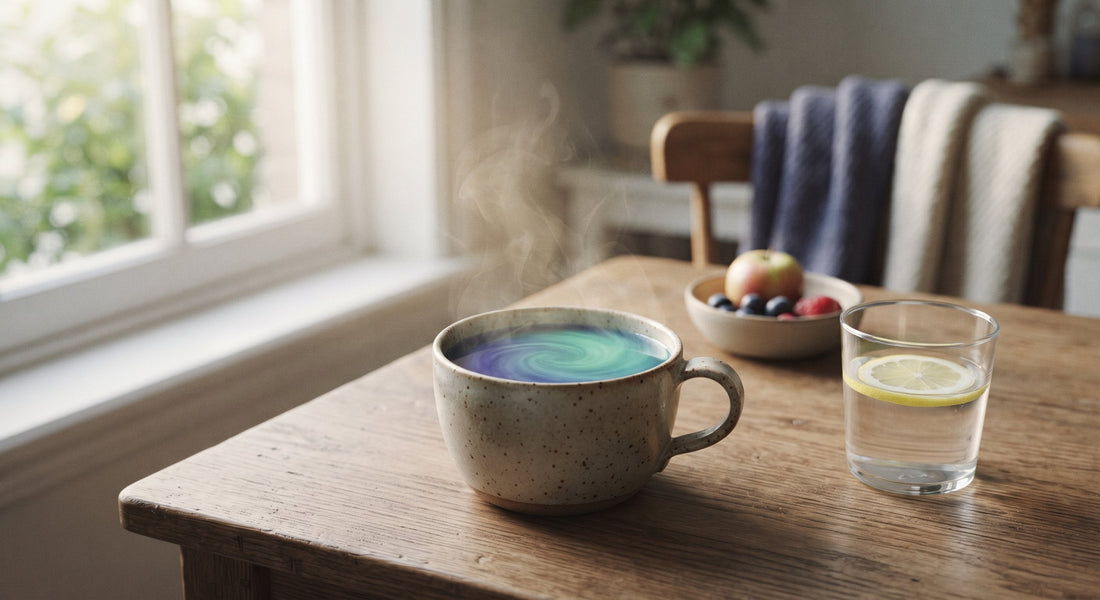 A steaming mug of indigo-to-teal color-changing mushroom coffee on a wooden table, beside a glass of water with lemon and a bowl of fruit, with a blanket draped on a chair in soft morning light