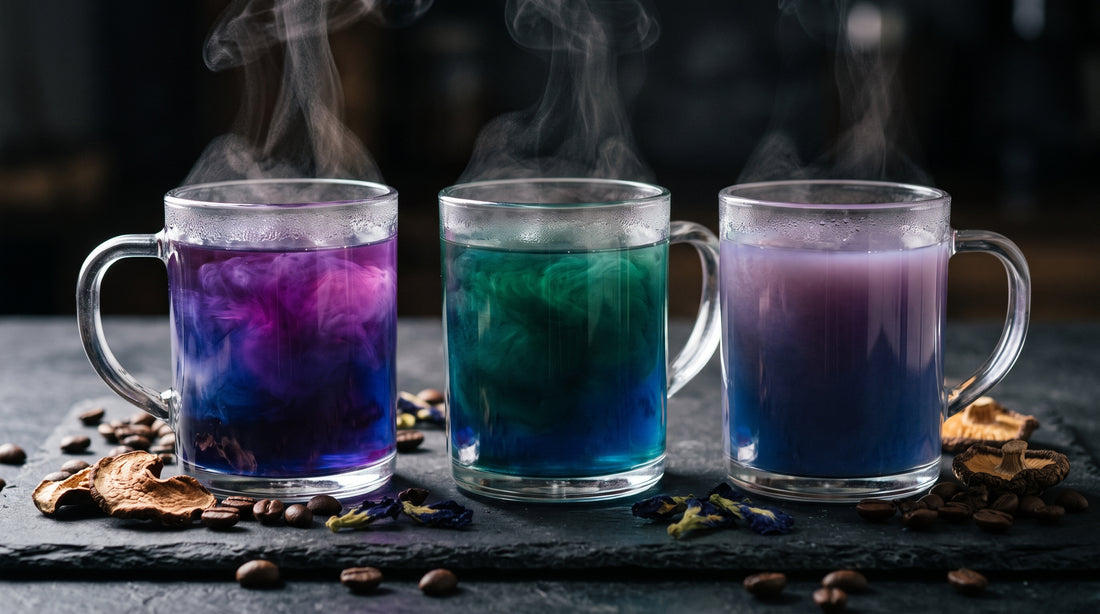 Three glass mugs of color-changing mushroom coffee mid-bloom — blue to violet, blue to teal, and blue to lavender — with coffee beans and dried mushroom slices