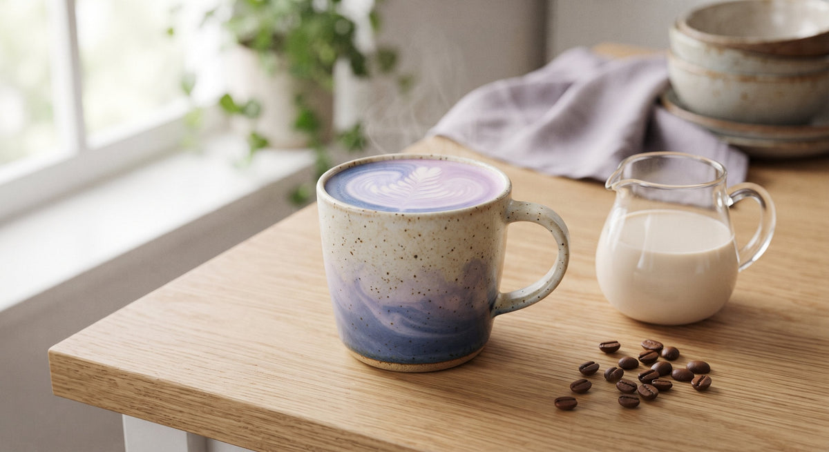 Ceramic mug of lavender-blue latte with fern-leaf latte art, glass pitcher of oat milk, and scattered coffee beans on a wooden table in soft window light