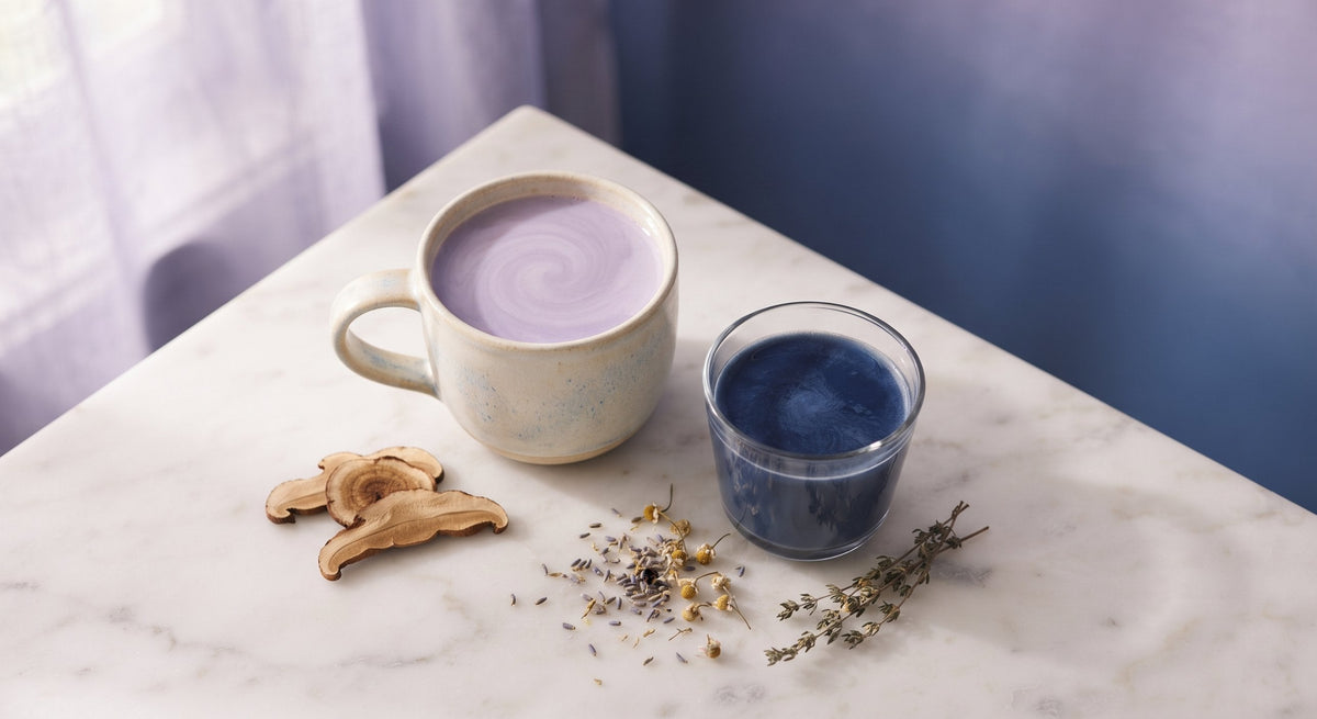 Pastel lavender latte in a ceramic mug beside a glass of deep indigo blue coffee, with dried reishi mushroom slices and sprigs of lavender, chamomile, and thyme on a marble surface