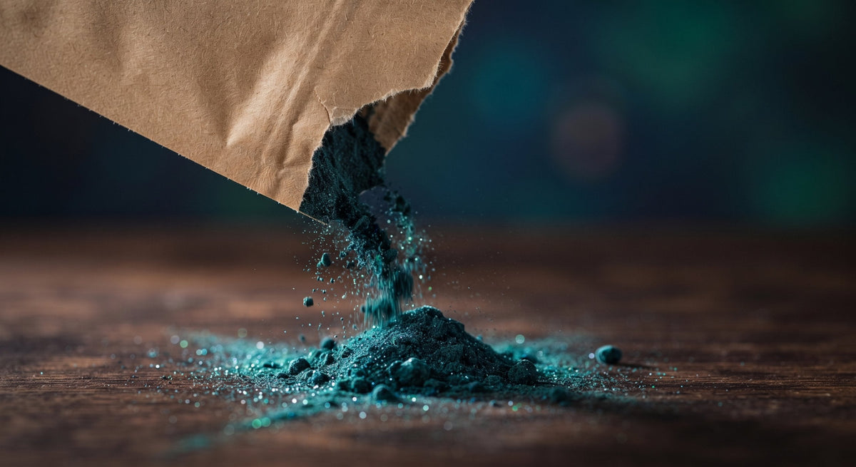 Ceramic coffee cup with RESTORE mushroom coffee mid color-shift from indigo blue to teal-green, with spirulina powder spilling from a sachet beside it
