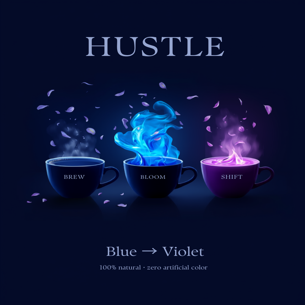 HUSTLE Color-Changing Coffee — Blue to Violet shift sequence