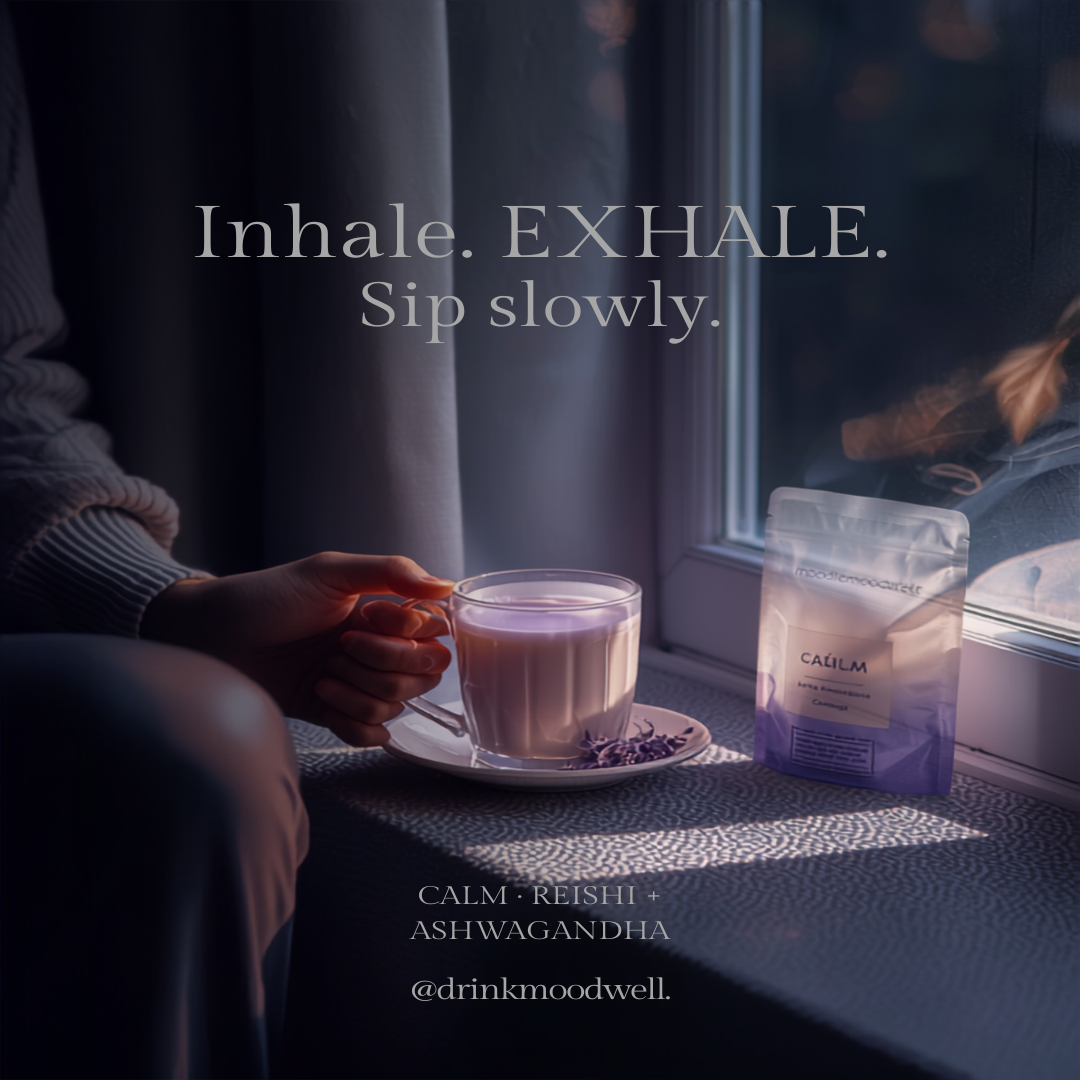 CALM mushroom coffee lifestyle — inhale, exhale, sip slowly