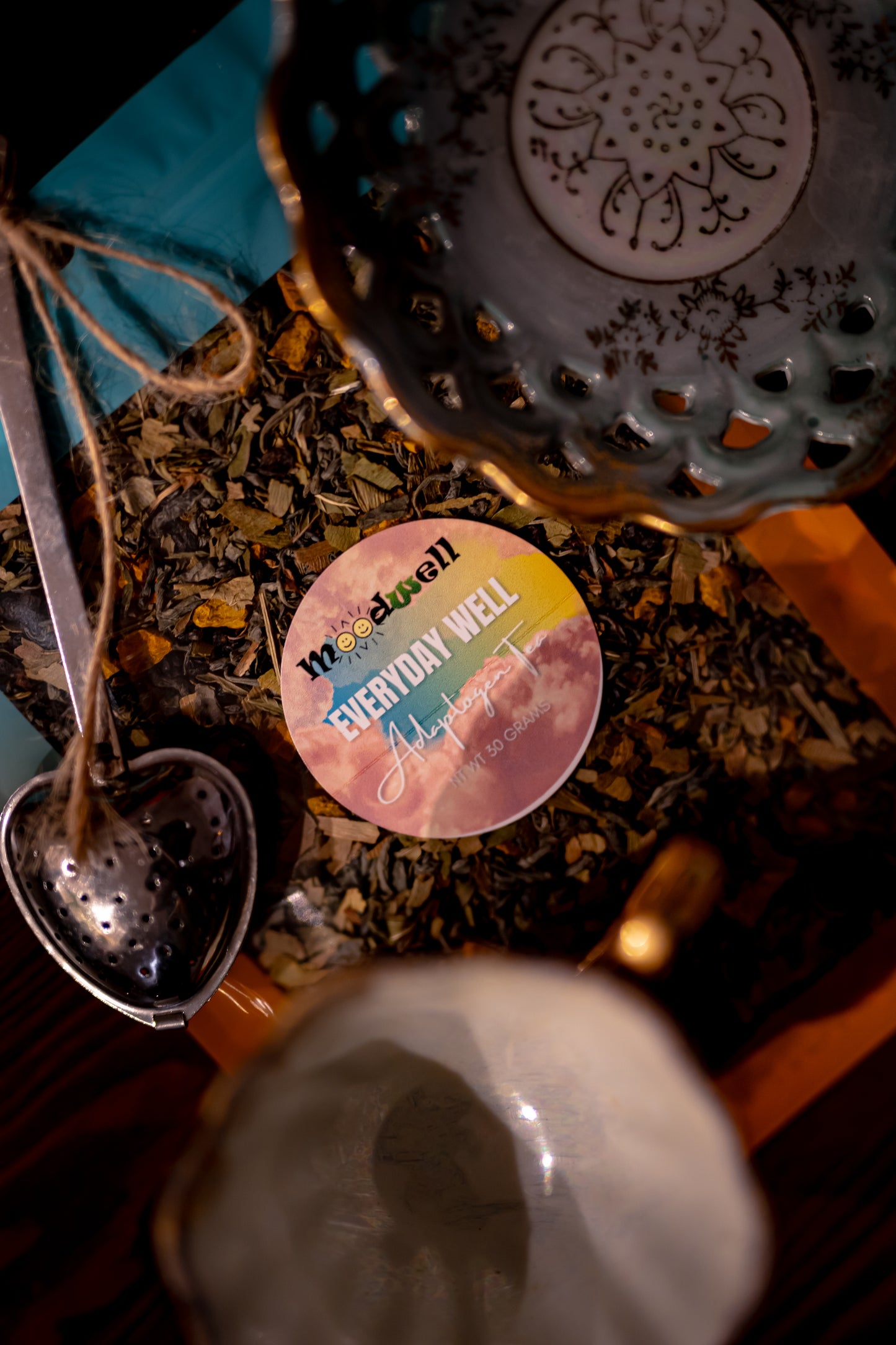 Everyday Wellness Tea in it's practical resealable packaging is made for everyday wellness on the go. The looseleaf hand mixed tea blend is made from elderberry, turmeric, gingko biloba, and green tea to enhance your day. 