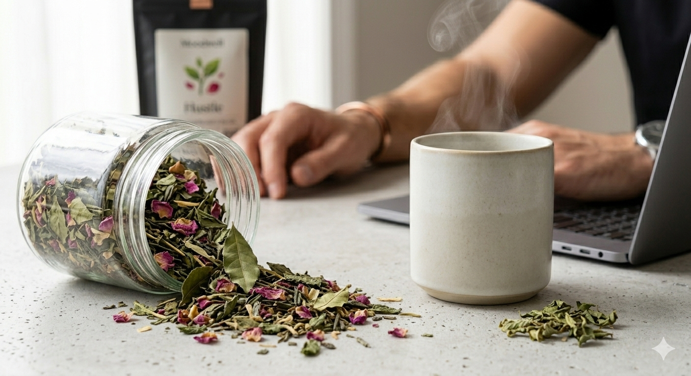 Tea leaves spilling from a jar onto a table with a cup of tea and laptop in the background.