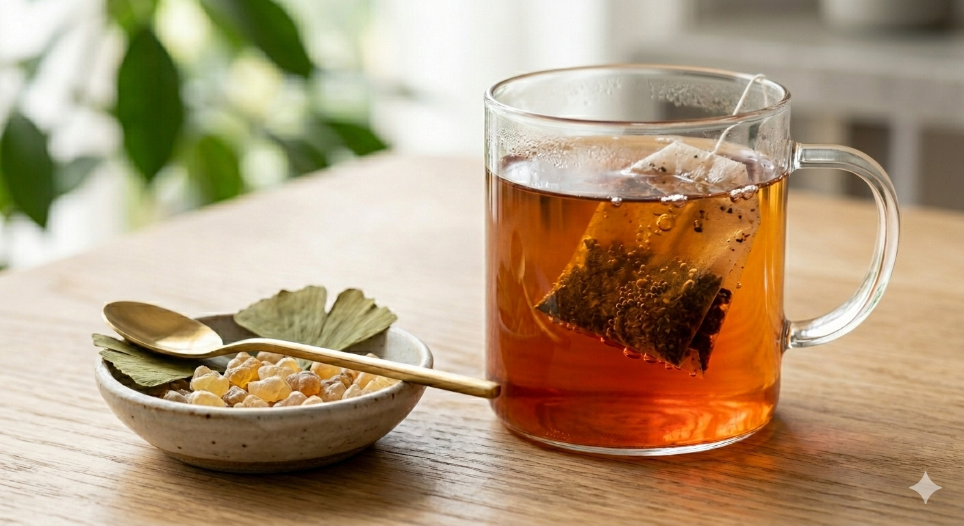 Clear mug of iced tea with a tea bag, small bowl of seeds, and spoon on a wooden surface.